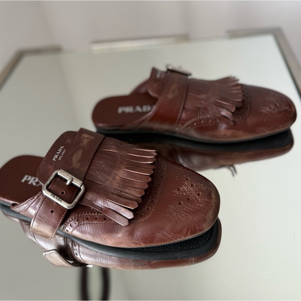 Like new PRADA Brown Leather Fringed Shuffle Mules $1,250 36 - Picture 8 of 16